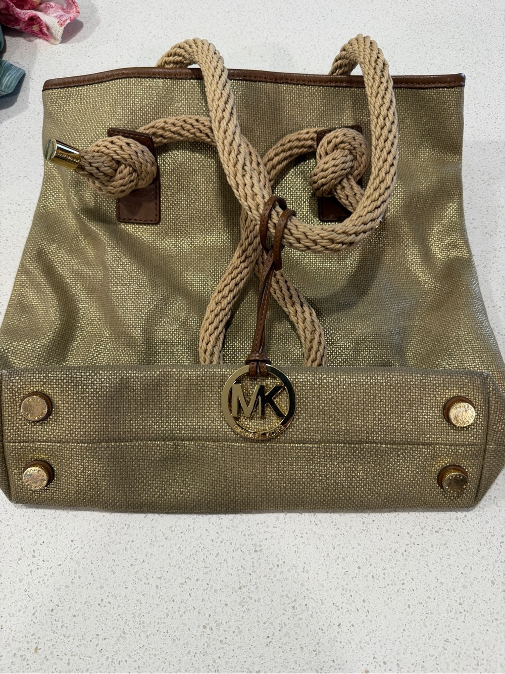 Michael Kors Metallic Gold Rope-Handle Tote with MK Charm
